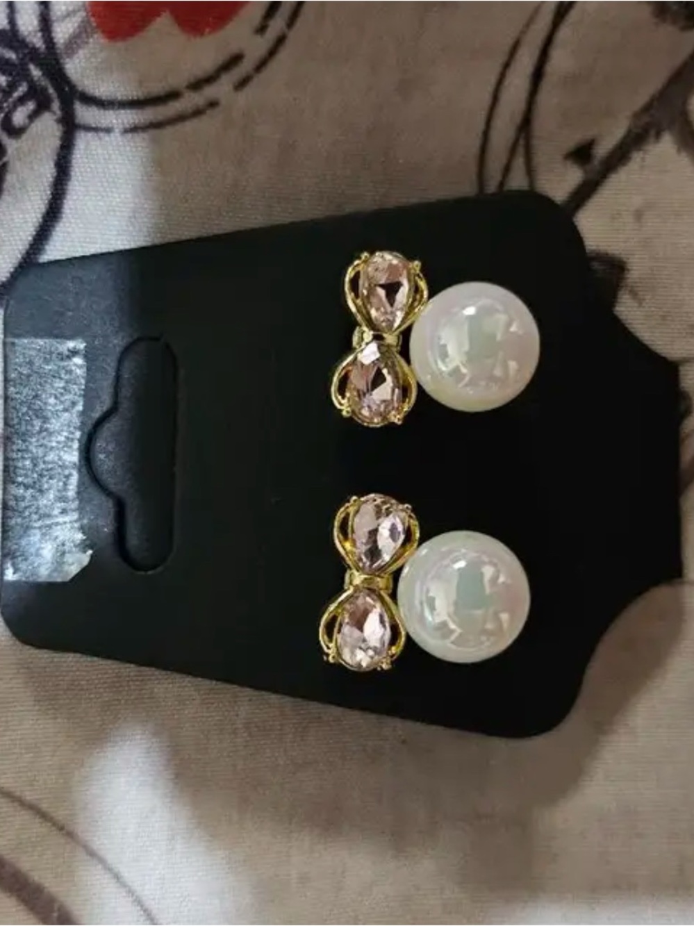 Gold White Pearl and Pink Crystal Stud Bow Earrings